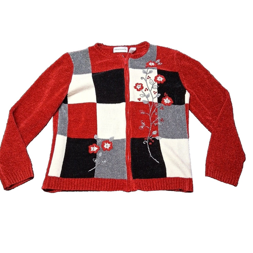 Alfred Dunner Cardigan Sweater Women Small Red Square Floral Embroidered Soft‎